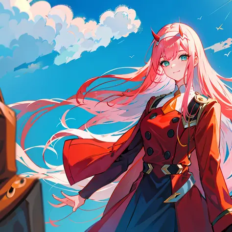 zero two \(darling in franxx\), darling in franxx, 1girl, ascot, fringe, blue background, green eyes, hair band, horns, long hai...