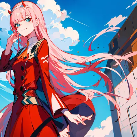 zero two \(darling in franxx\), darling in franxx, 1girl, ascot, fringe, blue background, green eyes, hair band, horns, long hai...