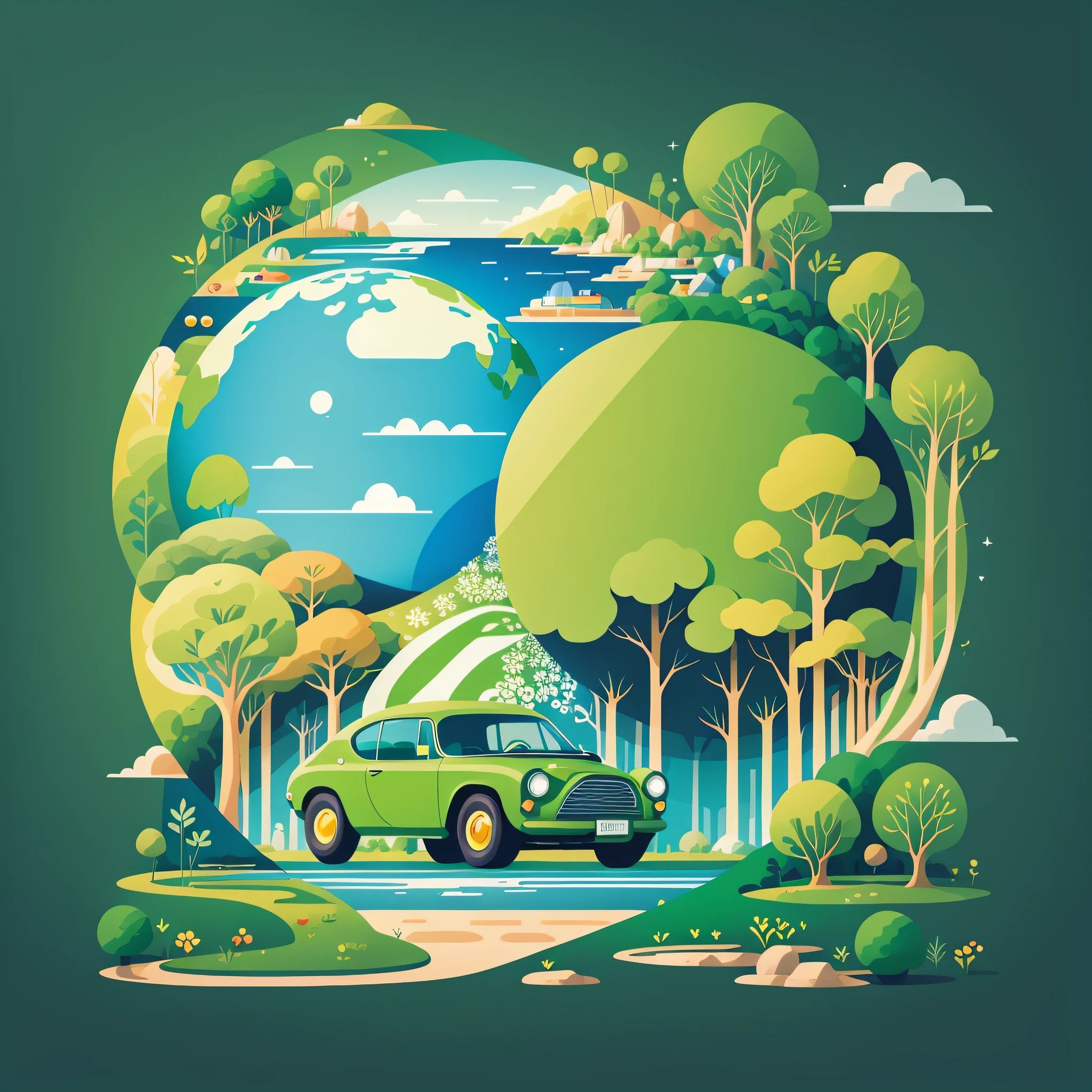 Плакат ко Дню Земли, Плоская иллюстрация, super cute car in Зеленый spherical earth, деревья, цветы, пейзаж, синий, Зеленый, желтый, простой фон, центральная композиция, яркие цвета, светотень, супер высокая детализация, 4k, Плоская иллюстрация --auto --s2