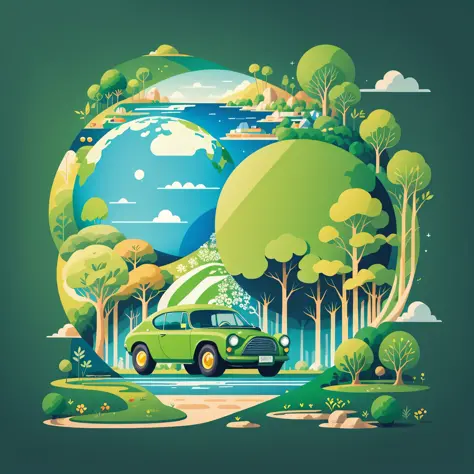 Earth Day poster, flat illustration, super cute car in green spherical earth, trees, flowers, landscape, blue, green, yellow, simple background, center composition, bright colors, chiaroscuro, super high detail, 4k, flat illustration --auto --s2