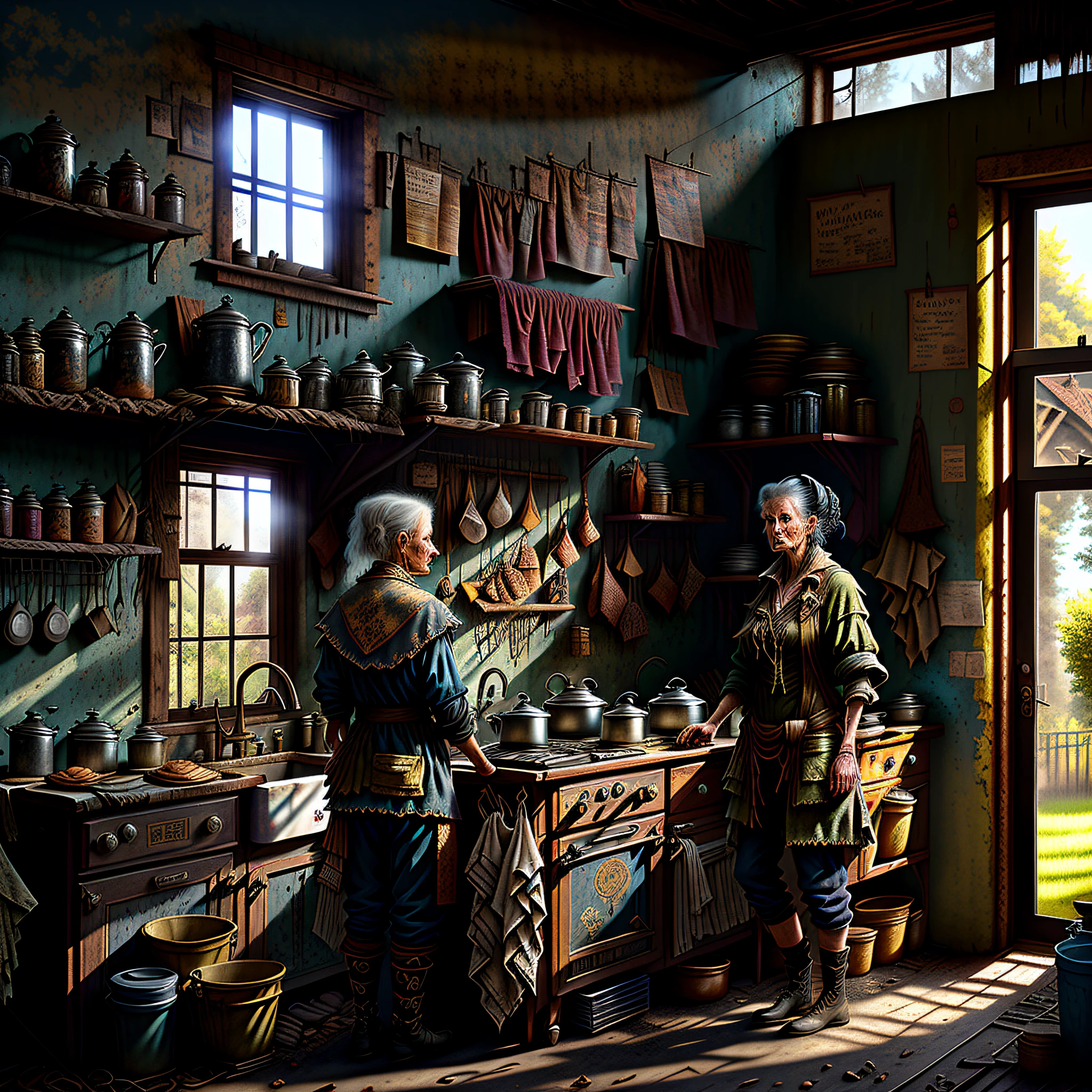 an extremely detailed old widow, with dark and worn clothes, in the kitchen of an old and old house, making food, with old walls