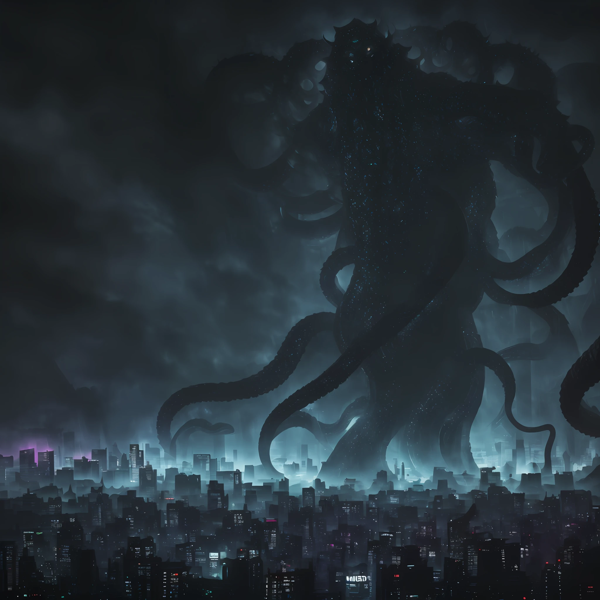 (fog shrouded city, cyberpunk style, color graded giant Lovecraft demon 3D rendering), glowing eyes, huge body, long tentacles like pythons, rich details, (Nikon 70-200mm f/2.8G lighting), tentacle surrounding, mysterious horror, visual feast.