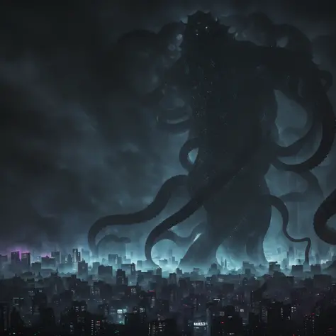 (fog shrouded city, cyberpunk style, color graded giant Lovecraft demon 3D rendering), glowing eyes, huge body, long tentacles l...