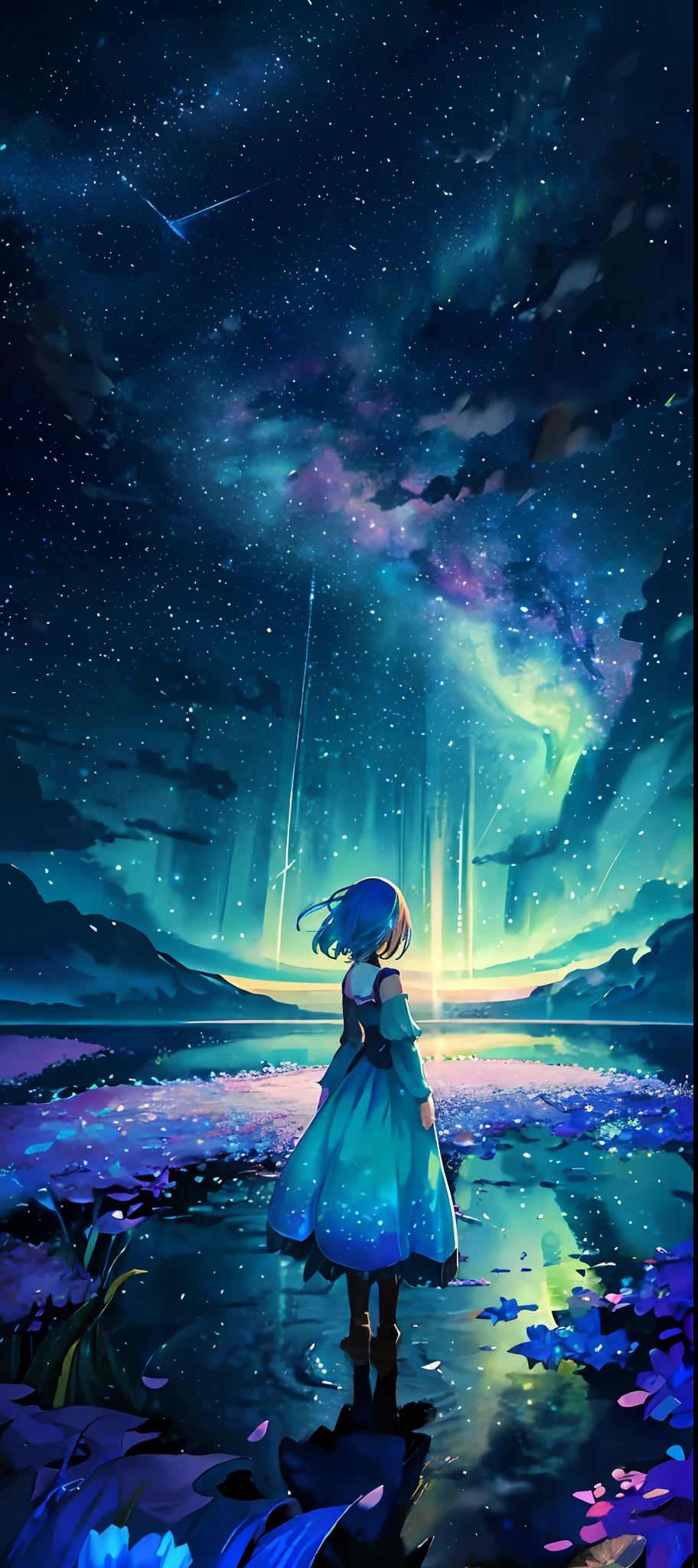 1girl, distant girl, wearing a teal dress armor, with a rainbow colored hair, staring at the stars, (zoomed out:1.1), (meteor shower:1.2), (comet:1.1), low angle, from behind, aurora borealis, shooting star, surrounded by flowers petals, standing in a field, best quality, masterpiece, cloud, colorful, starry, stars