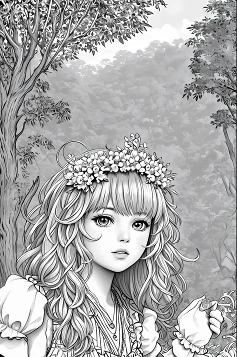 (hight definition, 8k, Highly detailed) Coloring book style, black and white, cute and fluffy rabbit in flower garden and trees,...