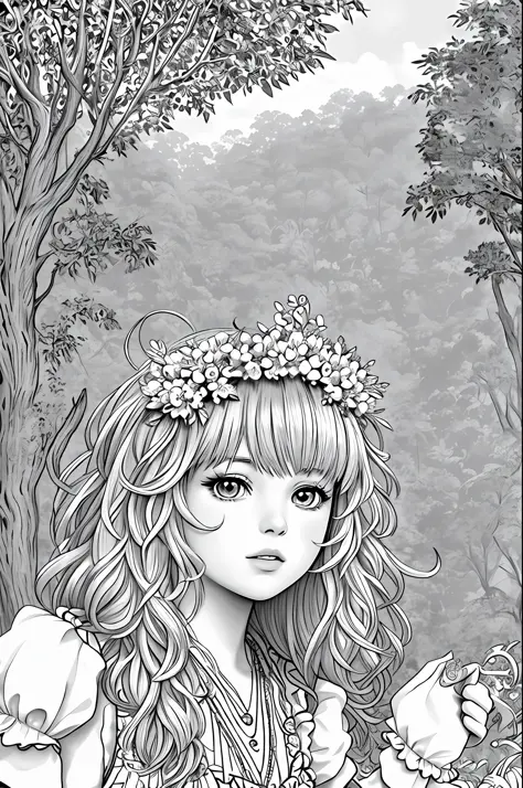 (hight definition, 8k, highly detailed) coloring book style, black and white, cute and fluffy rabbit in flower garden and trees,...