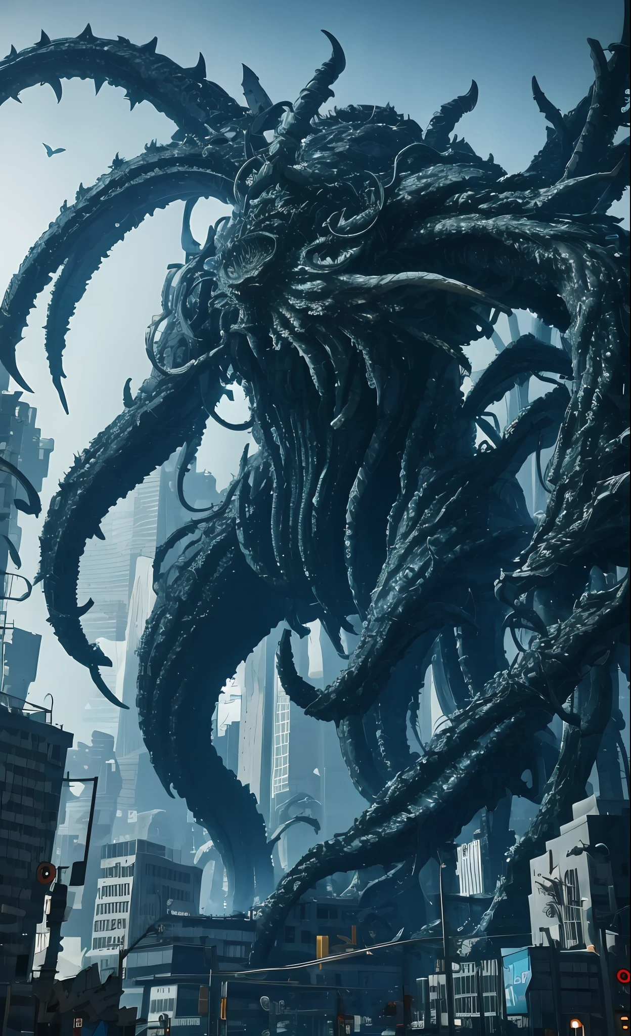 3d rendering of giant Lovecraft demon in cyberpunk city, color grading, 5D, super resolution, OLED, cinematic lighting, realistic detail, Nikon 70-200mm f/2.8G