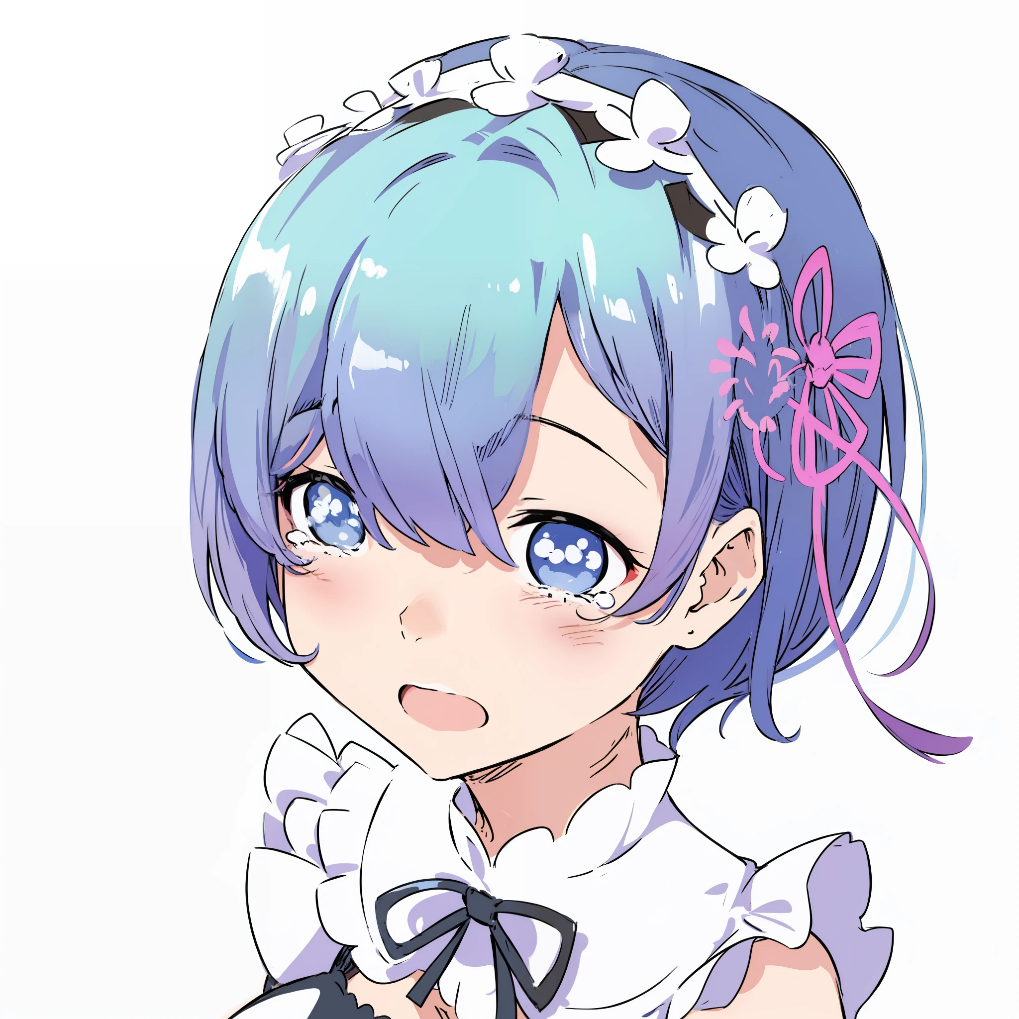blue hair, big , maid dress, rem from re:zero, crying, open mouth