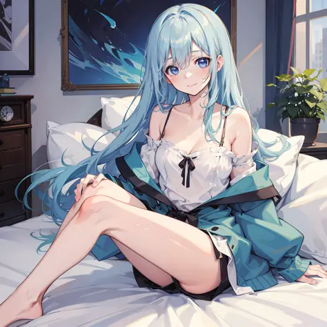 ((masterpiece, top quality)), light blue hair, long hair, 1 woman, solo, blue eyes, slouch, up, one, smile, blush, sweat, off-shoulder, pajamas, shorts, sexy, on bed