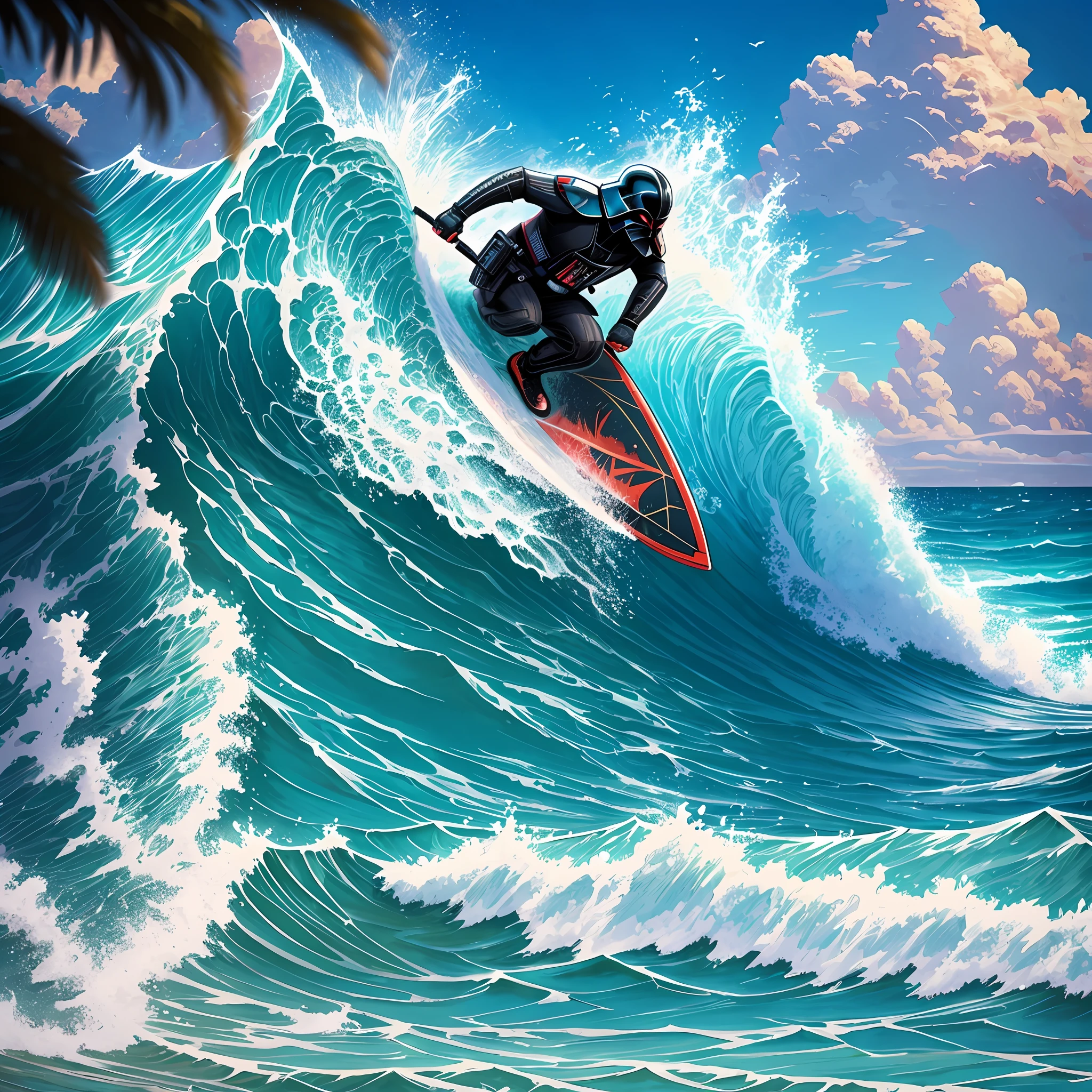 Darth Vader surfing in Hawaii, dropping a wave, paradise beach. Sunny day, perfect sea. color drawing, intricate details, unreal engine, UHD