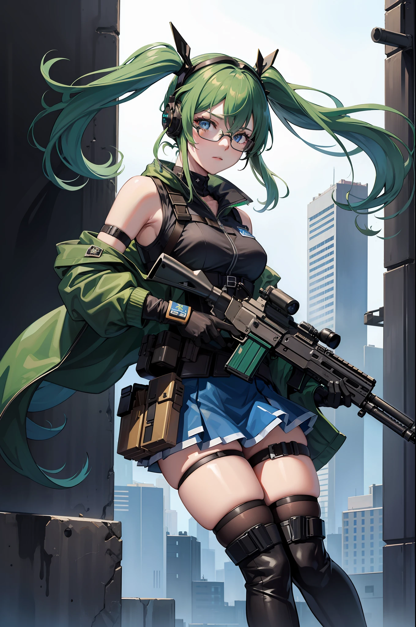 ((best quality)), ((masterpiece)), ((high res)), 1girl, assault rifle, blue eyes, full body, gloves, green hair, gun, handgun, headset, heckler & koch, holding and aiming gun, holding weapon, holster, kochiy sanae, m4 carbine, pistol, rifle, solo, submachine gun, suppressor, thigh holster, thigh strap, trigger discipline, weapon, glasses, twintails, medium hair