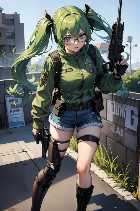 ((best quality)), ((masterpiece)), ((high res)), 1girl, assault rifle, blue eyes, full body, gloves, green hair, gun, handgun, h...