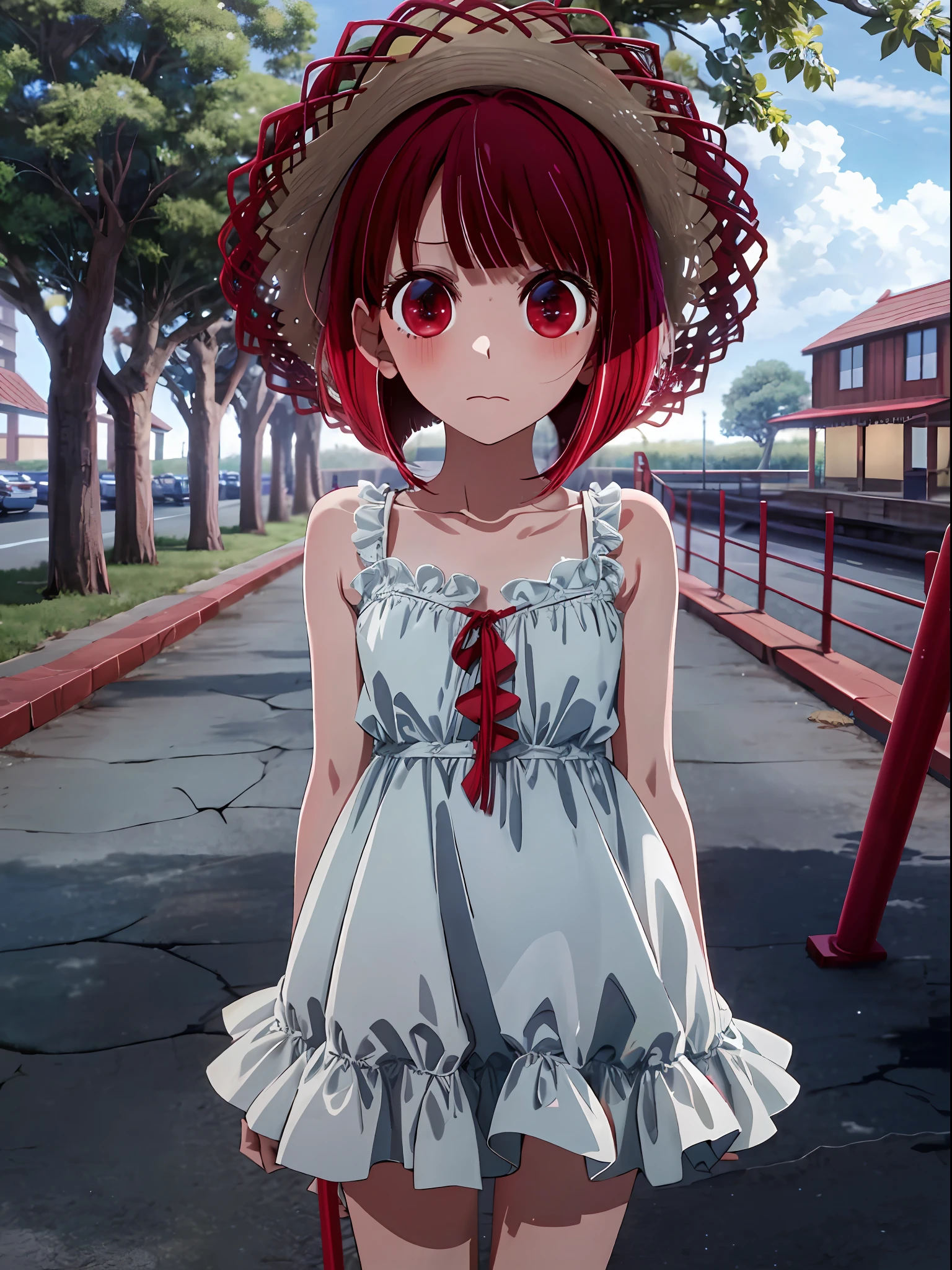 Kana Arima, red hair, red eyes, no light in the eyes, cloudy eyes, darkness falling, yandere, , straw hat, white dress, expressionless, serious look, short bob, bangs, 5 year old girl, dark expression,