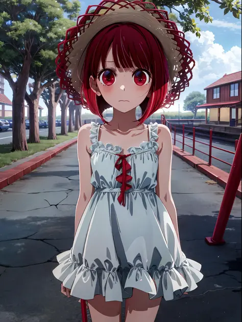 Kana Arima, red hair, red eyes, no light in the eyes, cloudy eyes, darkness falling, yandere, loli, straw hat, white dress, expr...