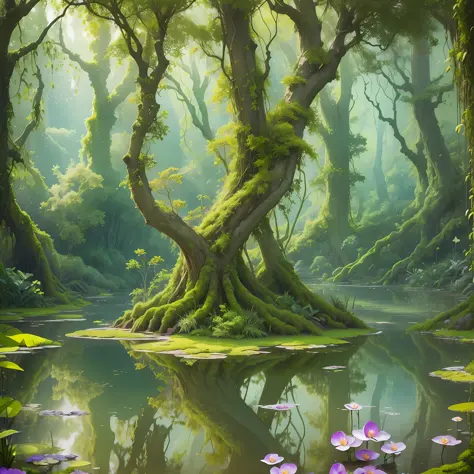 Computer Visualized Graphics, Watercolor Drawing, Realistic Fantasy, Extensive Landscape Ultrasound Photography (general view showing 
water, reflection, roots braiding glass, orchid inside, tree, moss), blurred background, gloomy, yellow, green, purple ba...