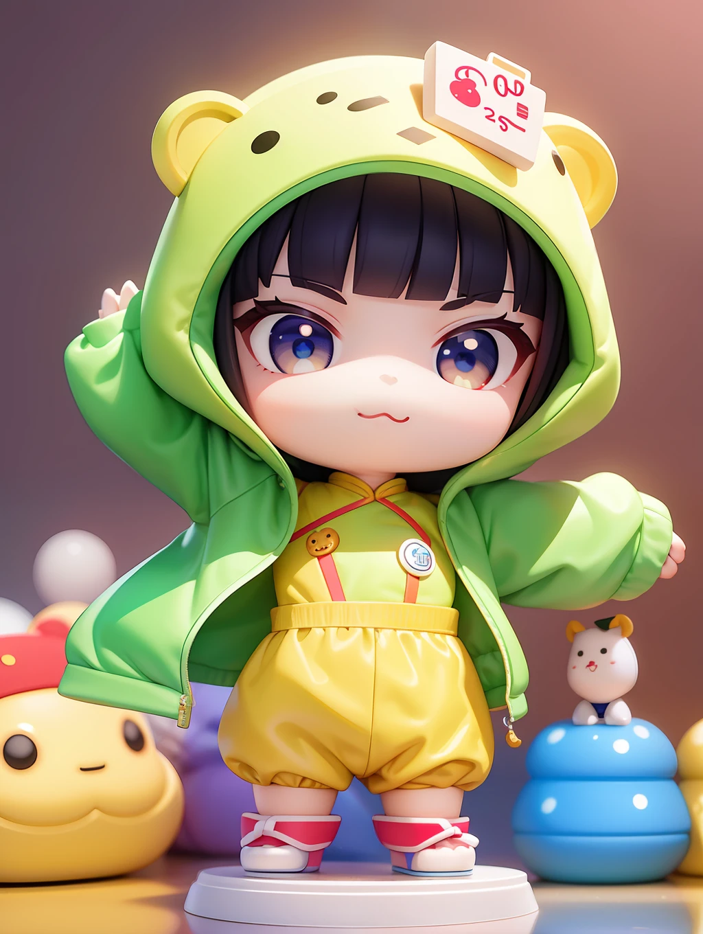 PopMart blind box IP, Chinese zodiac, super cute boy wearing one-piece crocodile shape clothes, technological elements, fashionable clothes, streamlined 3D/C4D production: 8K HD picture quality/lighting/ultra-fine lens depiction 1.5, flawless, chibi background/cinematic sense.