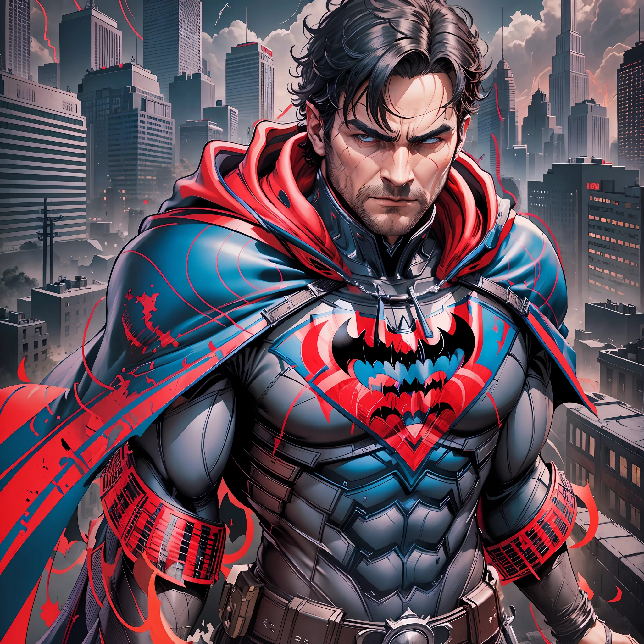 Create a unique design that combines the iconic elements of Batman and Superman's uniforms into a new costume. Mix features of the Batman costume, such as the hood with pointed ears, the long, bulky cape, and the bat symbol on the chest, with elements of the Superman costume, such as the 'S' emblem on the chest, the blue texture of the uniform, and the red cape. Explore creating a new color palette that combines the dark tones of Batman with the vibrant blue, red, and yellow tones of Superman. The costume should convey a sense of power, justice and mystery, while incorporating intricate details and a modern twist. Add a utility belt with gadgets inspired by both characters to enhance the look. Make sure that the prompt results in a realistic, high-resolution, city background image. --auto --s2