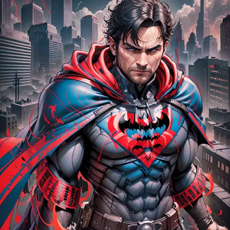 Create a unique design that combines the iconic elements of Batman and Superman's uniforms into a new costume. Mix features of t...