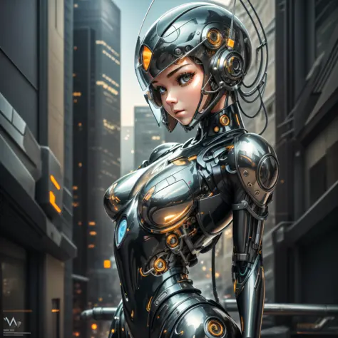 Helmet with antenna, cute girl made of metal, (Cyborg: 1.1), ([Tail | More Wire]: 1.3), (Complex Detail), HDR, (Complex Detail, ...