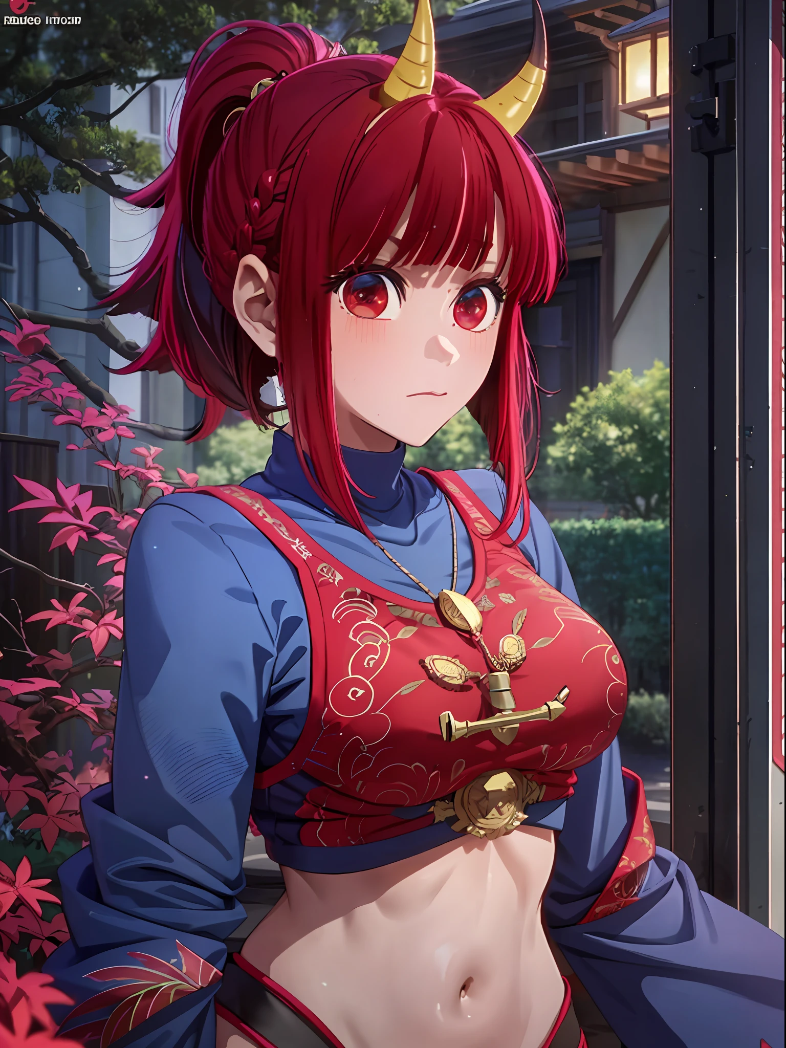 Kana Arima, red hair, red eyes, beautiful eyes, Indian woman, (ogre, one horn, bindu, short ponytail: 1.5), thick eyebrows, thin waist, small breasts, petite girl, horn in the middle of the head