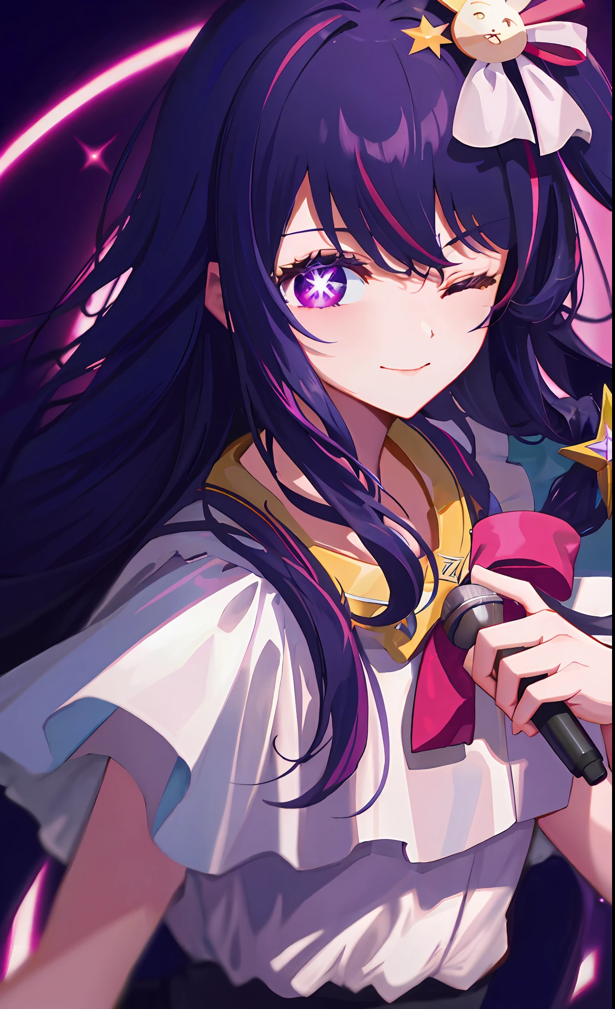 (best quality:1.4, masterpiece, 4k, details), Hoshino Ai, long hair, purple hair, streaked hair ,purple eyes, star-shaped pupils, hair ornament, on stage, smile, right hand pointing at camera, one eye closed, holding a mic with the left hand,close up shot, extremely detailed eyes, glowing eyes, highest quality digital art, Stunning art, wallpaper 4k