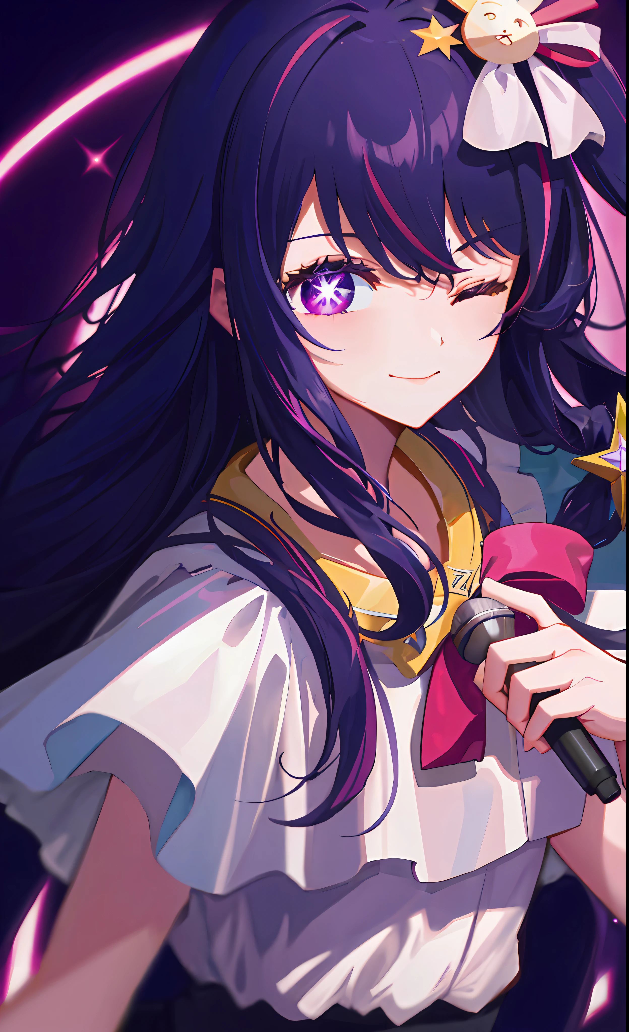 (best quality:1.4, masterpiece, 4k, details), Hoshino Ai, long hair, purple hair, streaked hair ,purple eyes, star-shaped pupils, hair ornament, on stage, smile, right hand pointing at camera, one eye closed, holding a mic with the left hand,close up shot, extremely detailed eyes, glowing eyes, highest quality digital art, Stunning art, wallpaper 4k