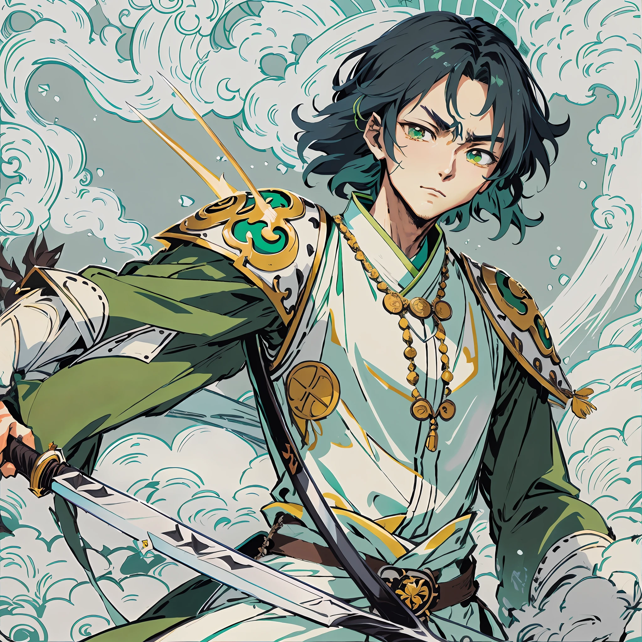 anime - style illustration of a man with a sword and a full body green outfit, cute face in demon slayer art, demon slayer rui fanart, demon slayer artstyle, highly detailed official art, exquisite highly detailed fanart, official art, shigenori soejima illustration, beautiful androgynous prince, detailed anime character art, zhao yun, keqing of genshin impact