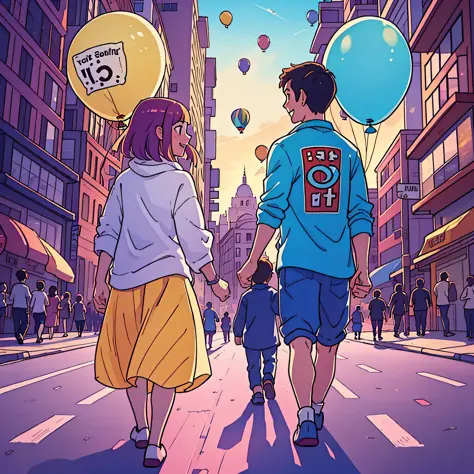 There are two people running with balloons on the field, a handsome guy, a beauty, two people walking separately, two people wal...
