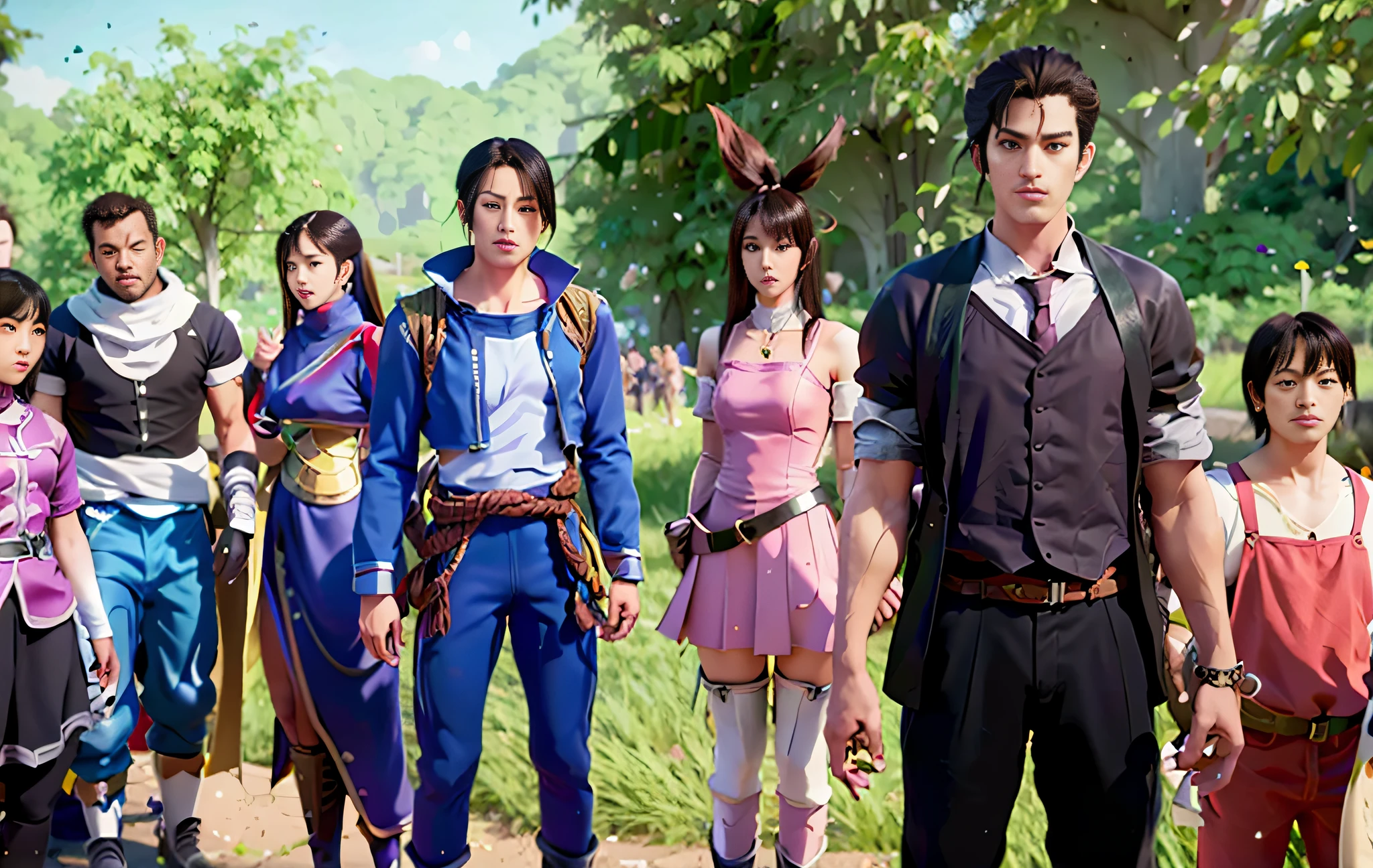 anime characters standing in a line in a field with trees, anime in fantasy style, today's featured anime still, 2 0 2 1 anime, still from tv anime, ace attorney style, epic anime style, korean mmorpg, screenshot from the anime film, official art, realistic anime 3 d style, promotional art, game cg, snk, official artwork