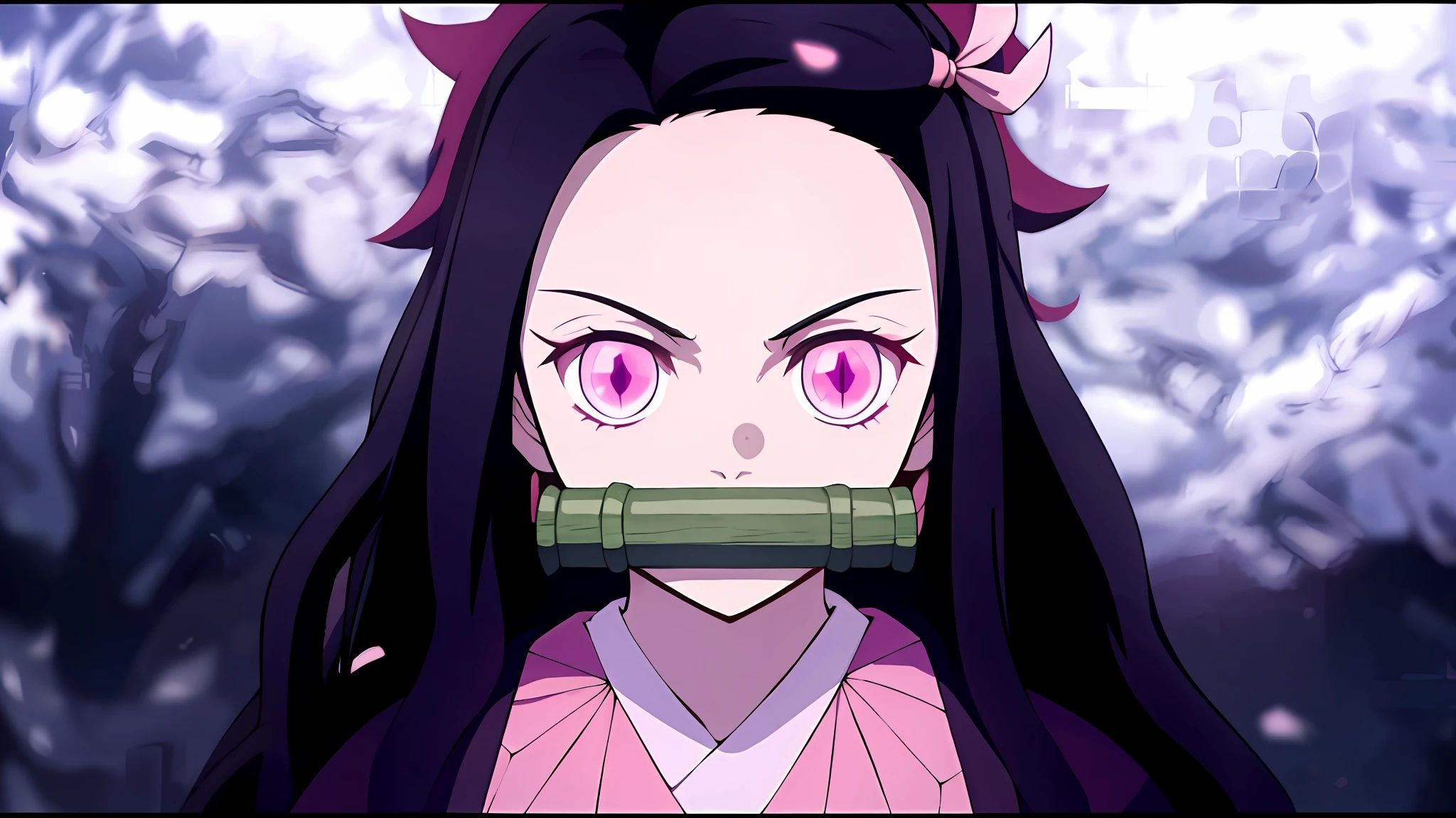 anime girl with long black hair and pink eyes holding a green object, nezuko, nezuko-chan, shalltear from overlord, demon slayer artstyle, junko enoshima from danganronpa, shalltear bloodfallen, kimetsu no yaiba, in the anime series ergo proxy