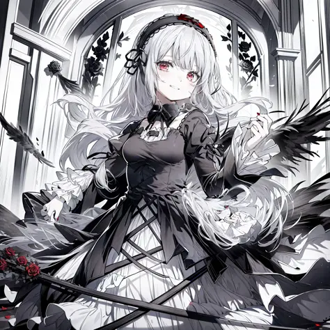 masterpiece, best quality, highres, sui1, 1girl, solo, suigintou, red eyes, long hair, gothic dress, white hair, rose hair ornam...