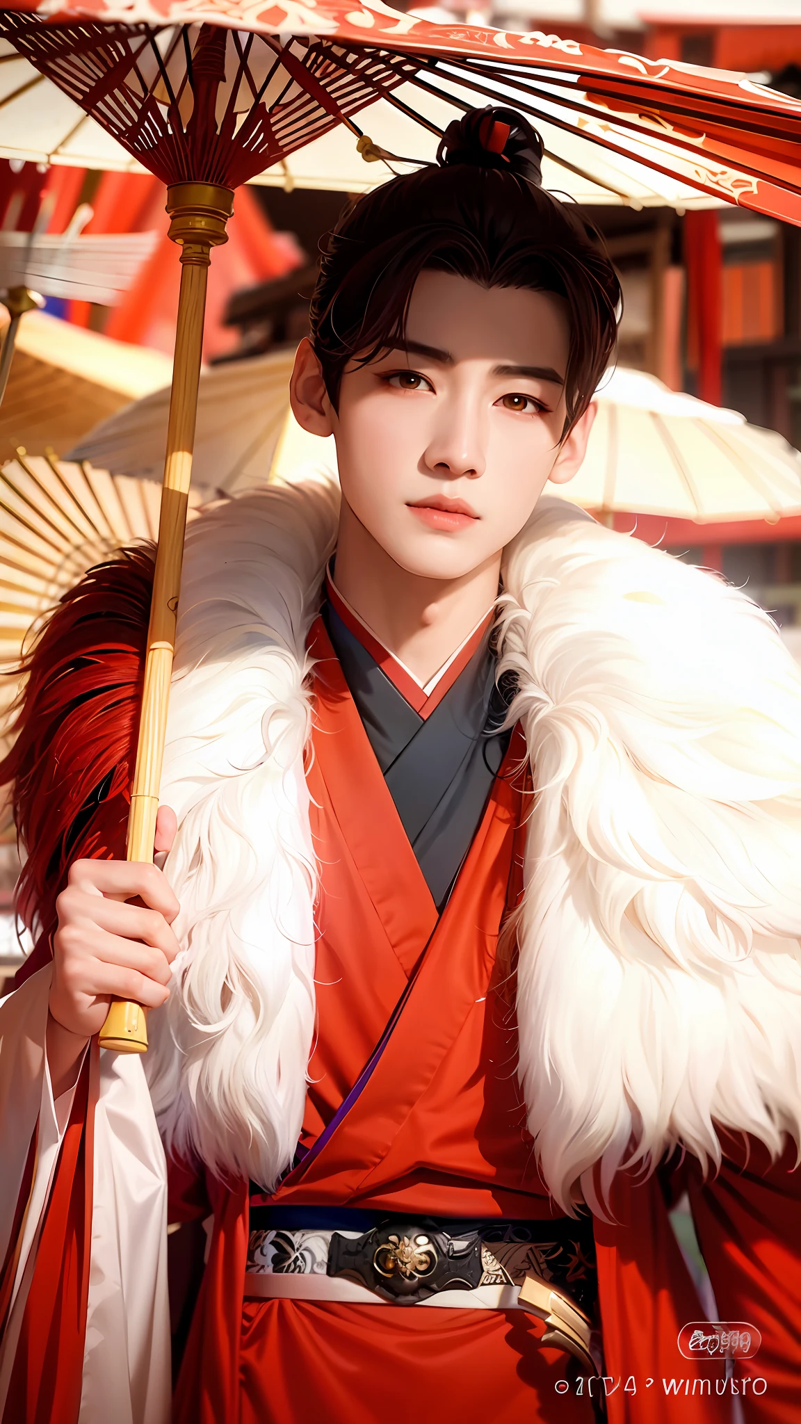 Oil painting style texture, wearing red clothes, draped in a long white cape, Asian man holding an umbrella, inspired by Zhang Han's Cai Xukun, Kurose Jinyao, beautiful androgynous prince, inspired by Bian Shoumin, exquisite hermaphroditic prince, handsome prince, inspired by Wu Zhun Shi Fan, inspired by Zhang Senyao, inspired by Huang Gongwang, watermark removed in the lower right corner