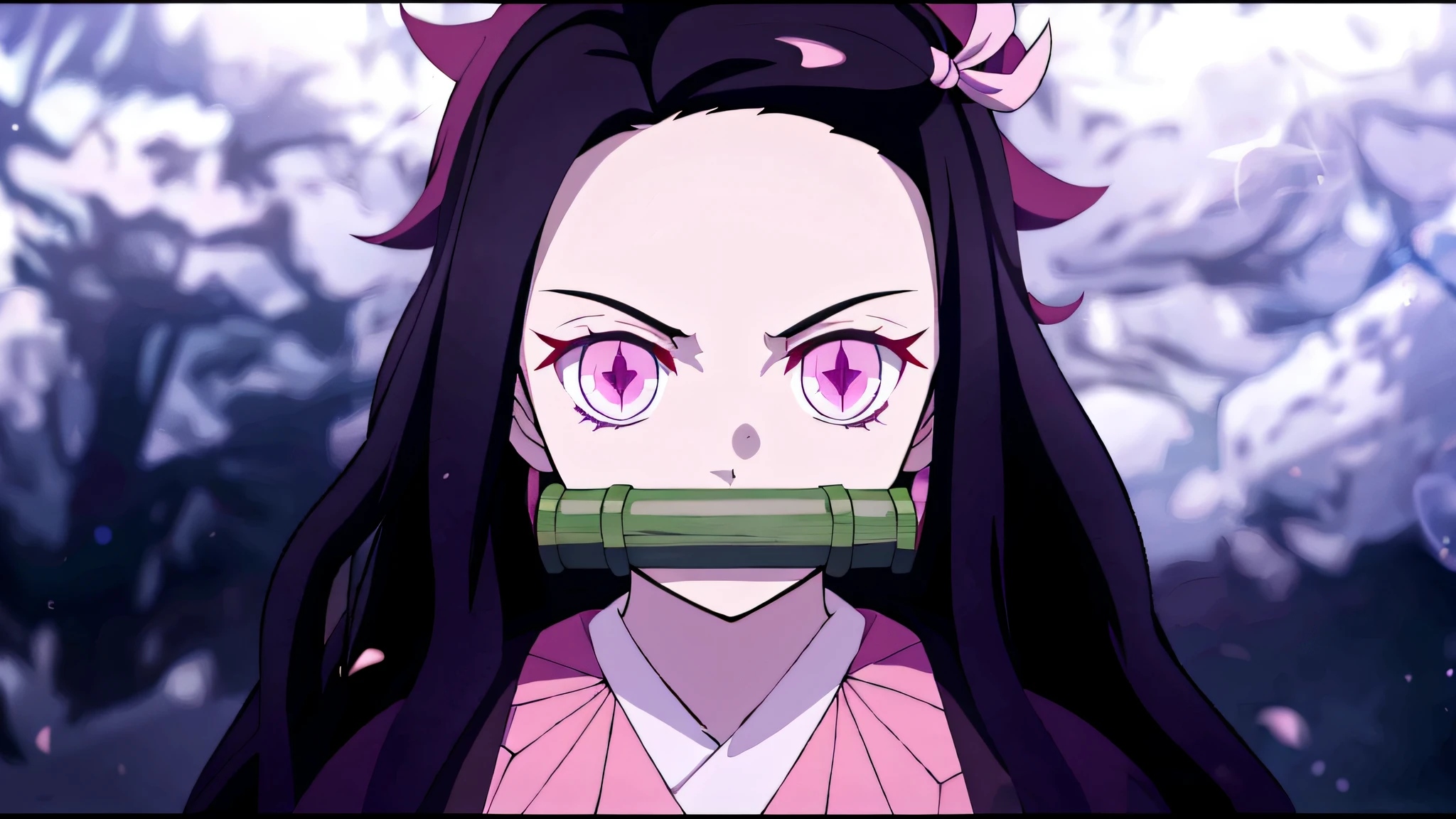 anime girl with long black hair and pink eyes holding a green object, nezuko, nezuko-chan, shalltear from overlord, demon slayer artstyle, junko enoshima from danganronpa, shalltear bloodfallen, kimetsu no yaiba, in the anime series ergo proxy