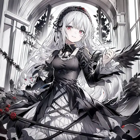 masterpiece, best quality, highres, sui1, 1girl, solo, suigintou, red eyes, long hair, gothic dress, white hair, rose hair ornam...