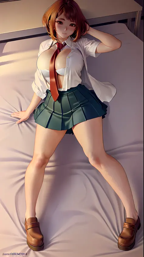1 Anime girl in school suit, (Japanese school uniform), beautiful face, (big tits, perfect body) (masterpiece, extremely detailed, excellent quality), (lying on a bed with btazos up, open shirt),