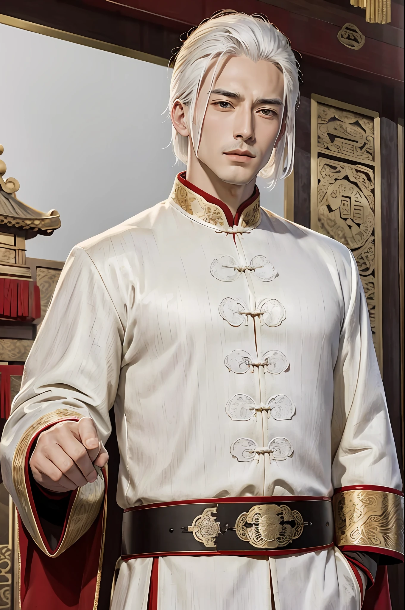 Masterpiece, Superb Quality, Chinese Imperial Palace, Chinese Style, Ancient China, 1 Boy, Handsome, Handsome, White Hair, Cold, Serious,