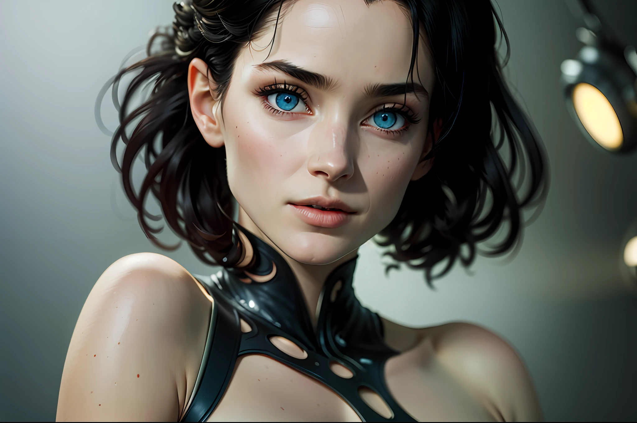 A breathtaking masterpiece that brings photorealism to life with exceptional attention to detail. The scene portrays a young girl reminiscent of The Matrix, with lustrous black hair cascading around her shoulders. Her intense blue eyes lock with the viewer's gaze, captivating them with their depth and mystery. The lighting is expertly crafted, illuminating her features with a soft, ethereal glow. She stands alone, exuding an air of quiet confidence. The background is intentionally blurred, emphasizing her presence as the focal point. The composition showcases her parted lips, inviting intrigue and curiosity. The image is rendered with utmost realism, with short hair and subtle details, while retaining the beauty of film grain for a touch of nostalgia. Photography, professional lighting setup with diffused softbox and reflector, capturing the model in exquisite detail and achieving beautiful lighting effects