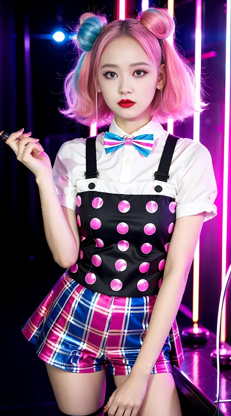 clown makeup, harlequin, 15 years old, holding a knife, roller skates, pink hair color, background neon street,