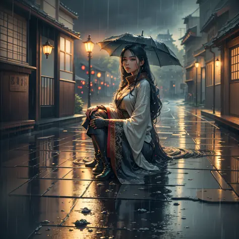 There is a woman sitting cross-legged on the bridge, beautiful girl standing in the rain, rain like, no girl after the rain, bea...