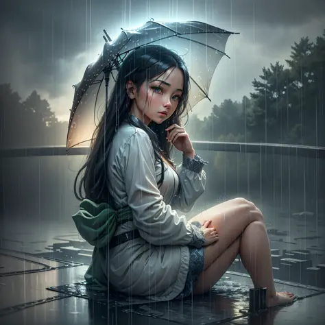 there is a woman sitting cross-legged on the bridge, beautiful girl standing in the rain, rain like, no girl after the rain, bea...