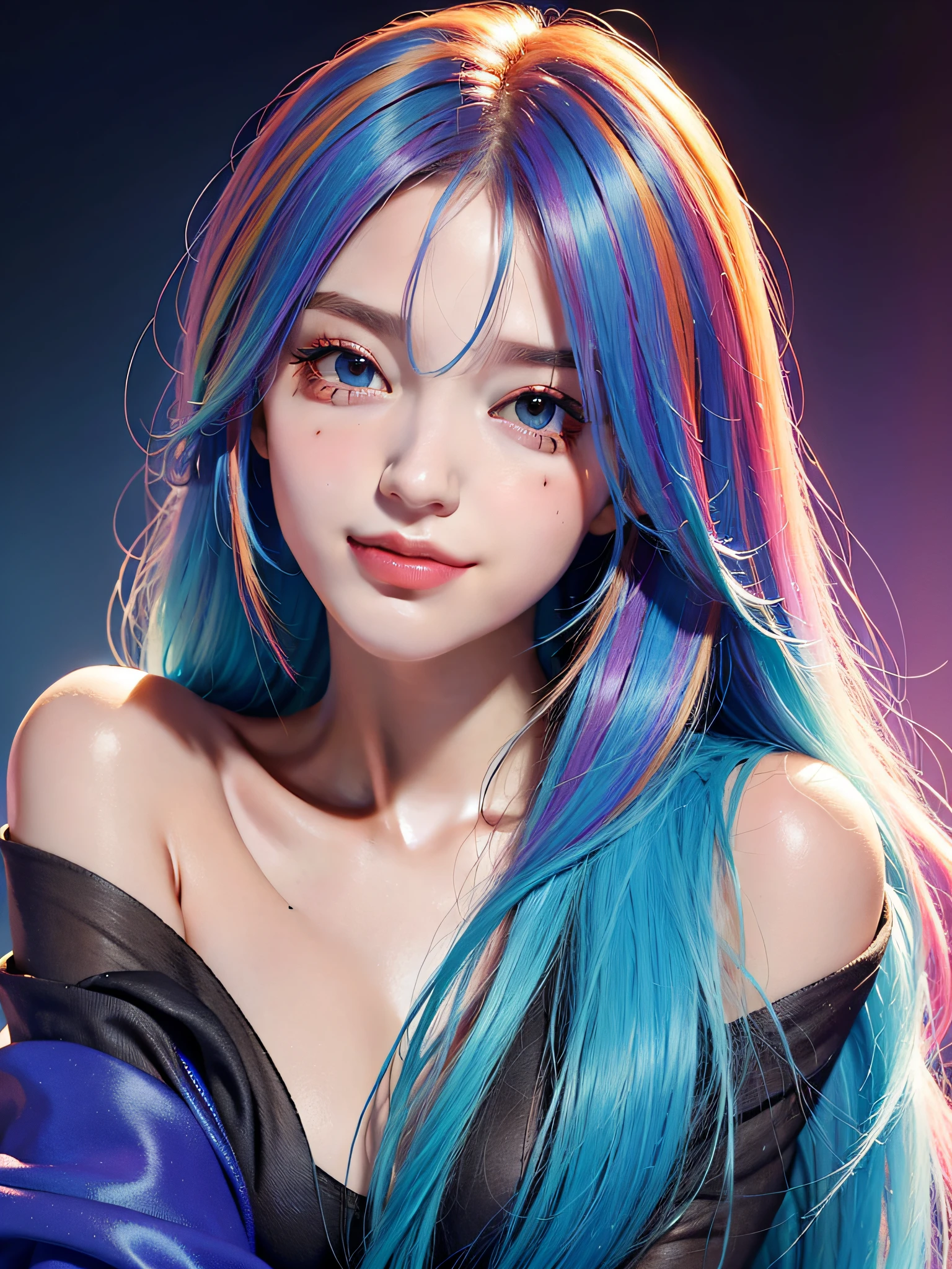 melhor qualidade, obra de arte, resolução super alta, cabelo multicolorido, cabelo longo, franja assimétrica, olhos gradientes, globos oculares, Timidez, sorriso, mal, Fora do ombro, configuração de personagem, fechar-se, Surrealismo, Ultra HD, premiado, busto