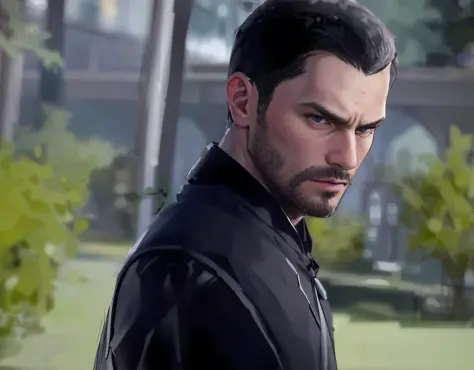 a close up of a man with a beard and a black jacket, portrait of adam jensen, as the protagonist of gta 5, makoto shinkai ( apex...