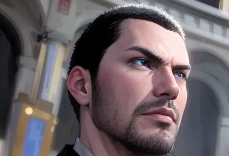 there is a man with a beard and a suit on looking at something, portrait of adam jensen, character portrait closeup, character a...