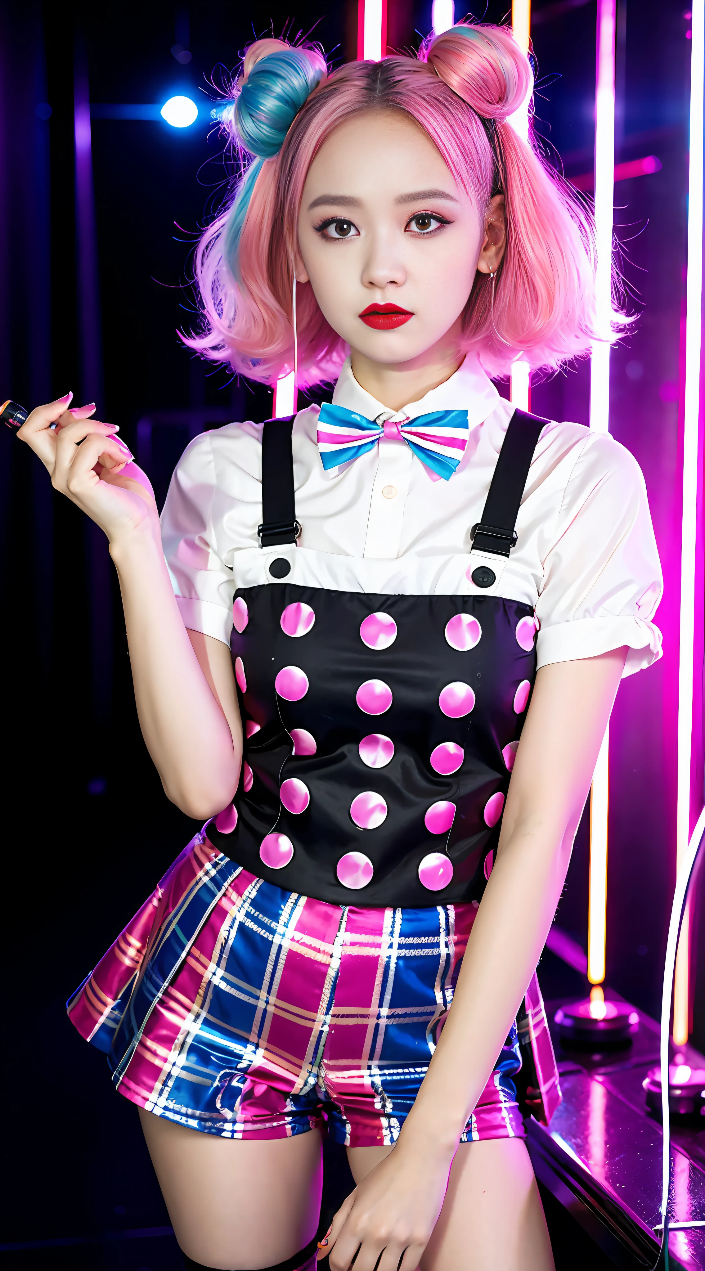 clown makeup, harlequin, , holding a knife, roller skates, pink hair color, background neon street,