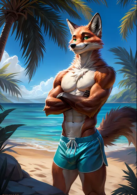 4k, high resolution, best quality, masterpiece, perfect colors, perfect shadows, perfect lighting, posted on Rule 34, furry, anthro, furry art, ((portrait)), male fox, red fox, red colored fox, (two-toned fur), furry body, majestic green eyes, alluring loo...