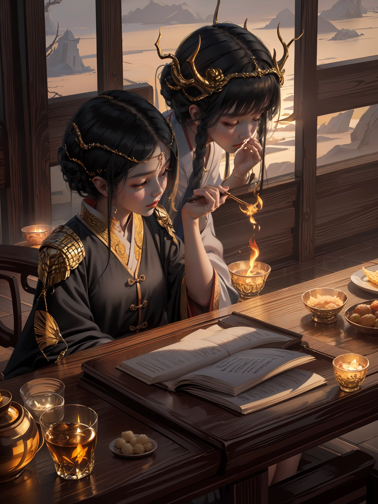 Ultra-clear, fine, a Chinese dragon surrounds the girl, the girl crosses to cast spells, the girl has dragon horns and golden hair ornaments on her head, Han clothes, natural light