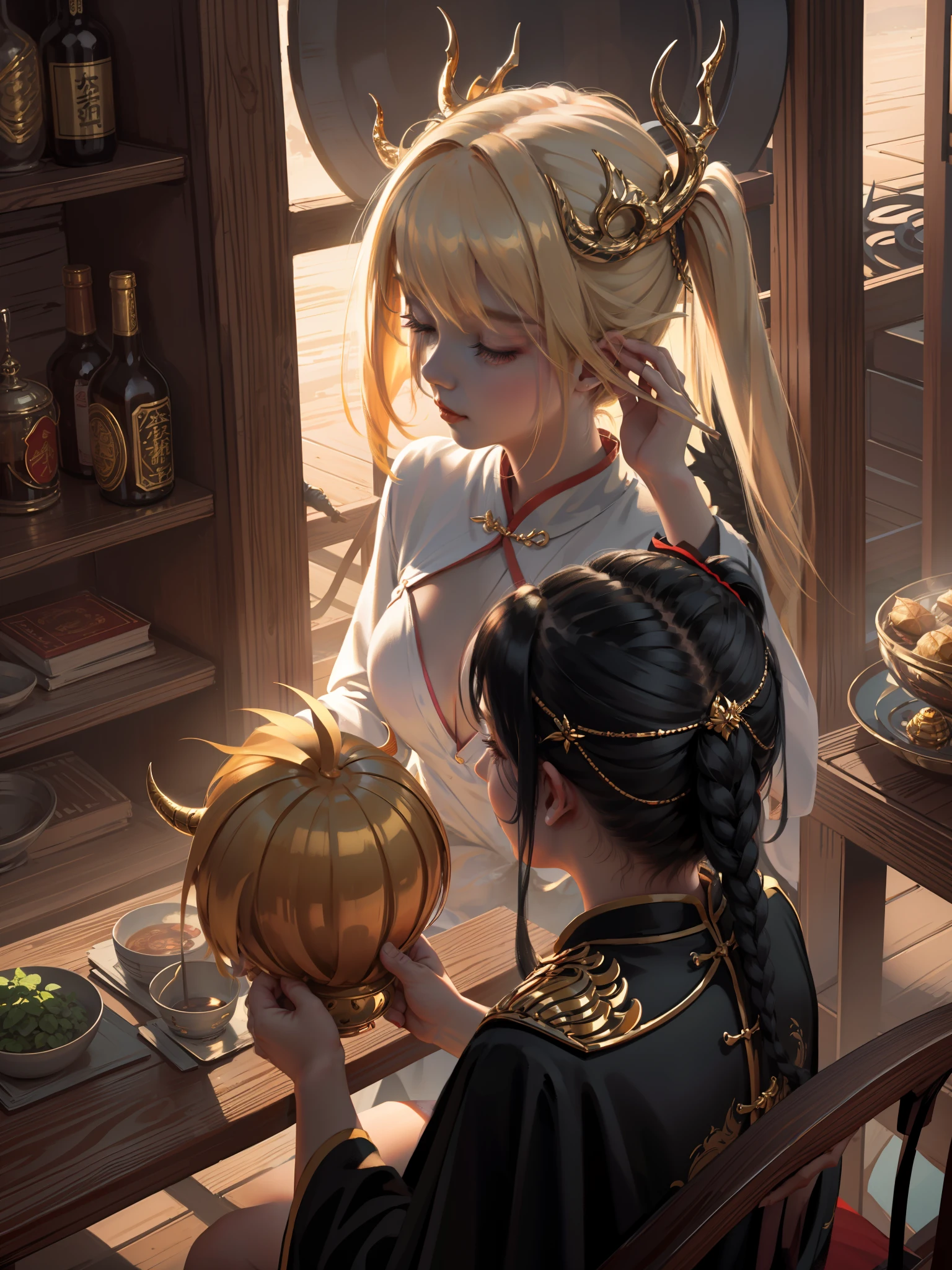 Ultra-clear, fine, a Chinese dragon surrounds the girl, the girl crosses to cast spells, the girl has dragon horns and golden hair ornaments on her head, Han clothes, natural light