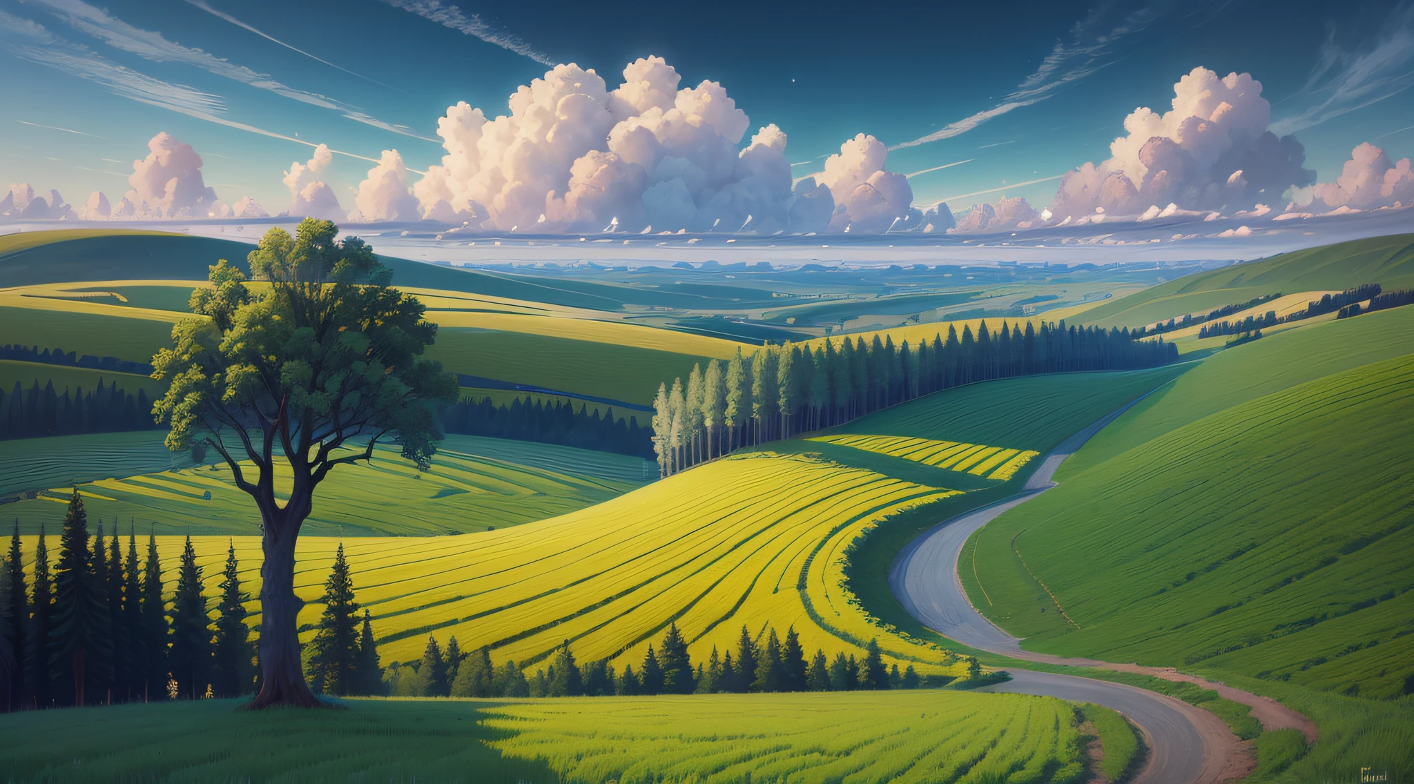 Painting of a field with several trees and sky, Igor Kiriluk, beautiful oil matte painting, inspired by Igor Kiriluk, surrealist landscapes, beautiful landscapes, Andrei Ryabovchev, Andrei Esionov, Russian landscapes, Grzegozh Rutkovsky, Ilya Ostrokhov, surrealist landscapes --auto --s2