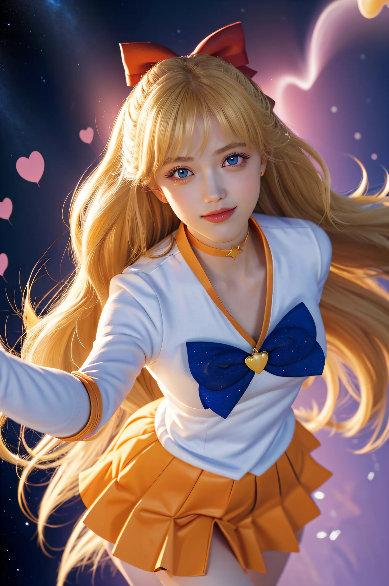 (masterpiece, best quality;1.3), extremely detailed CG, ultra detailed, 1girl, solo,  smile,  looking at viewer, stylish ungle, blonde long hair,blue eyes,
sv1, sailor senshi uniform, orange skirt, elbow gloves, tiara, orange sailor collar, red bow, orange choker, white gloves, jewelry, from above,
many hearts, face focus,Venus,tornado,abstract background, hearts storm, haert beam, heart bubbles, heart baloons, haert stars, heart flowers, HEART LIGHTS, heart world, heart background, galaxy background, heart weapon, heart aura,