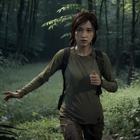 the last of us, ellie running out of forest, cinematic lighting hyper realistic super details skin texture is very detail,